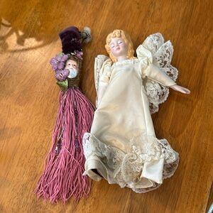 Porcelain face ornaments. Vintage. Angel and Father Christmas. 10 & 11”
